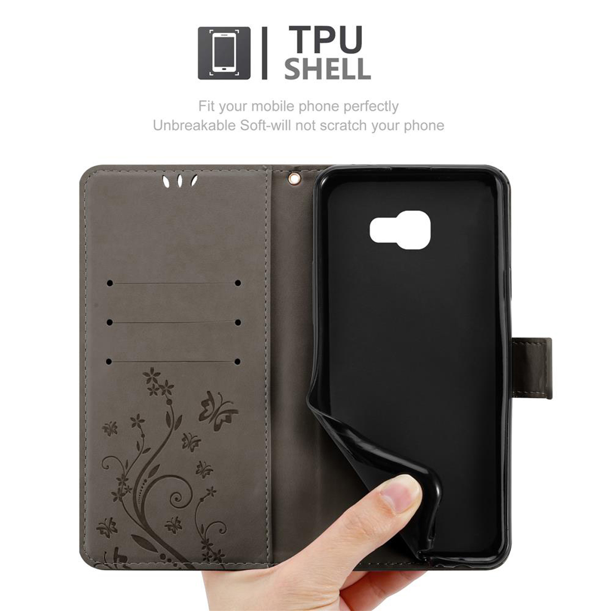 Custodia per telefono grigia aperta con telefono. La custodia ha un design floreale e TPU.