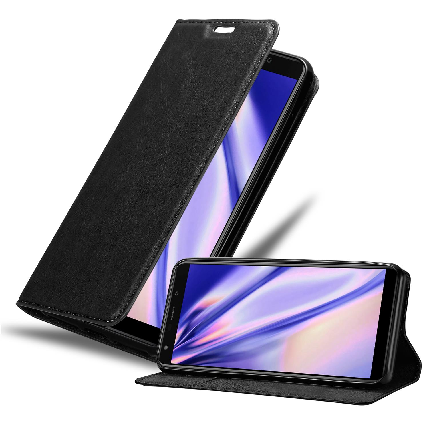 Funda negra con teléfono dentro y tapa abierta.