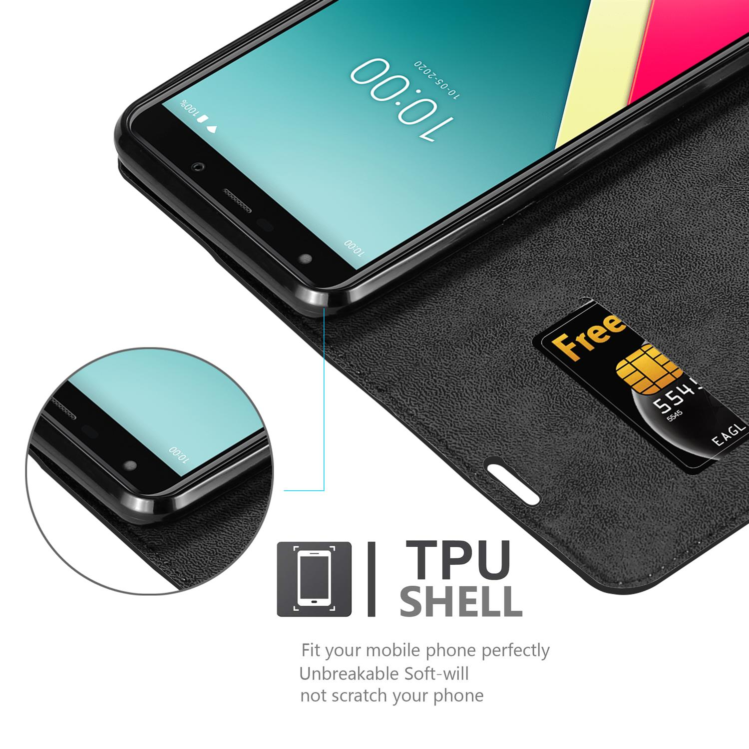 Un teléfono negro en una funda de billetera negra, con una tarjeta SIM visible. La pantalla muestra un reloj.