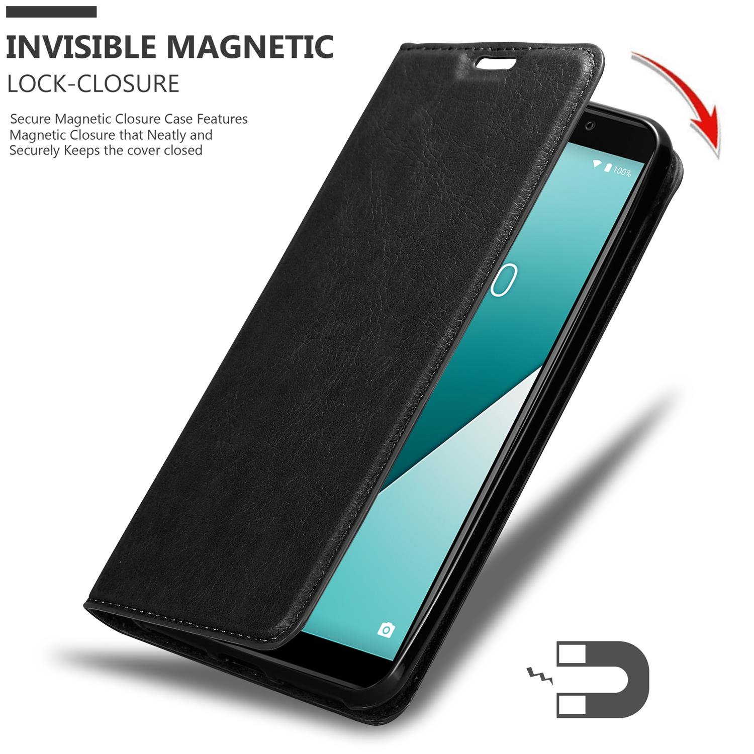 Funda de teléfono negra, parcialmente abierta, revelando la pantalla del teléfono. Cierre magnético invisible, con flecha.