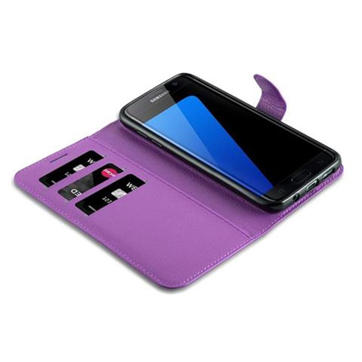 Una custodia per telefono viola aperta con un telefono e carte di credito.