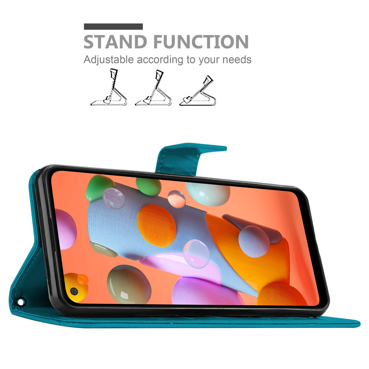 Custodia per telefono verde acqua in posizione stand. Il telefono è sul supporto. Testo e diagrammi della funzione supporto in alto.