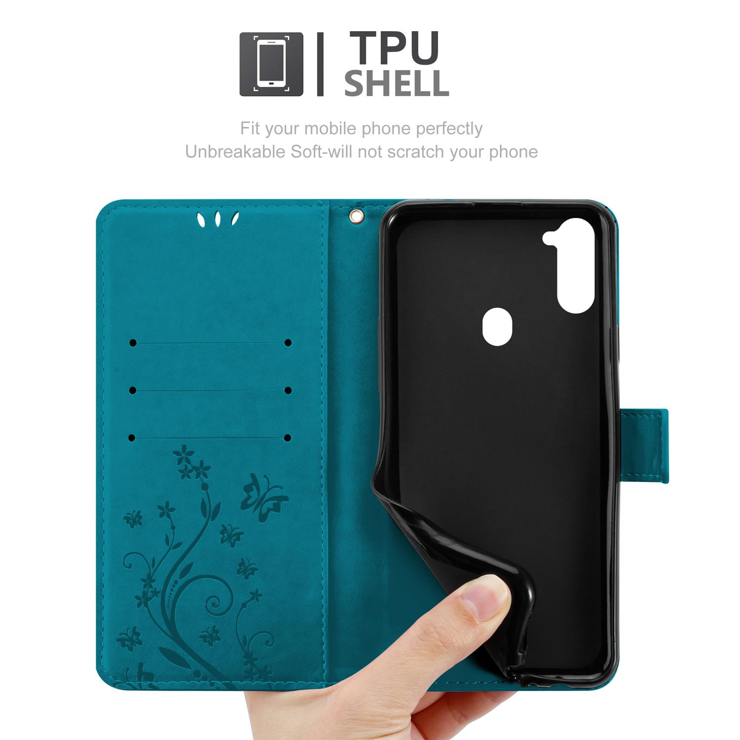 Custodia turchese, aperta, con telefono dentro. Mano che tiene. Design TPU.