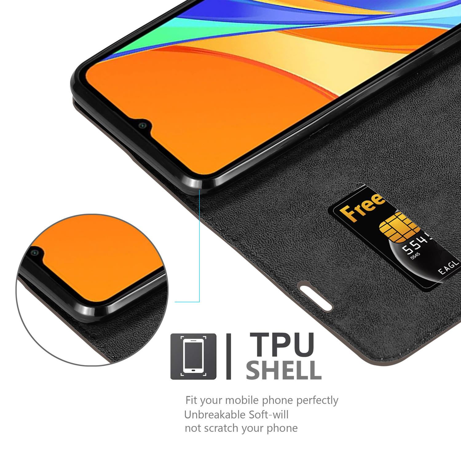 Schwarze Handyhülle, geöffnet, zeigt ein Telefon. Eine SIM-Karte ist sichtbar, TPU-Schale.