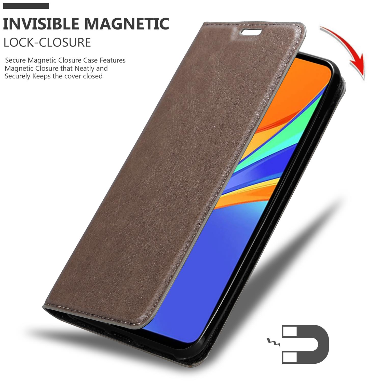 Eine braune Leder-Handyhülle, offen, enthüllt einen Telefonbildschirm, mit Magnetverschluss.