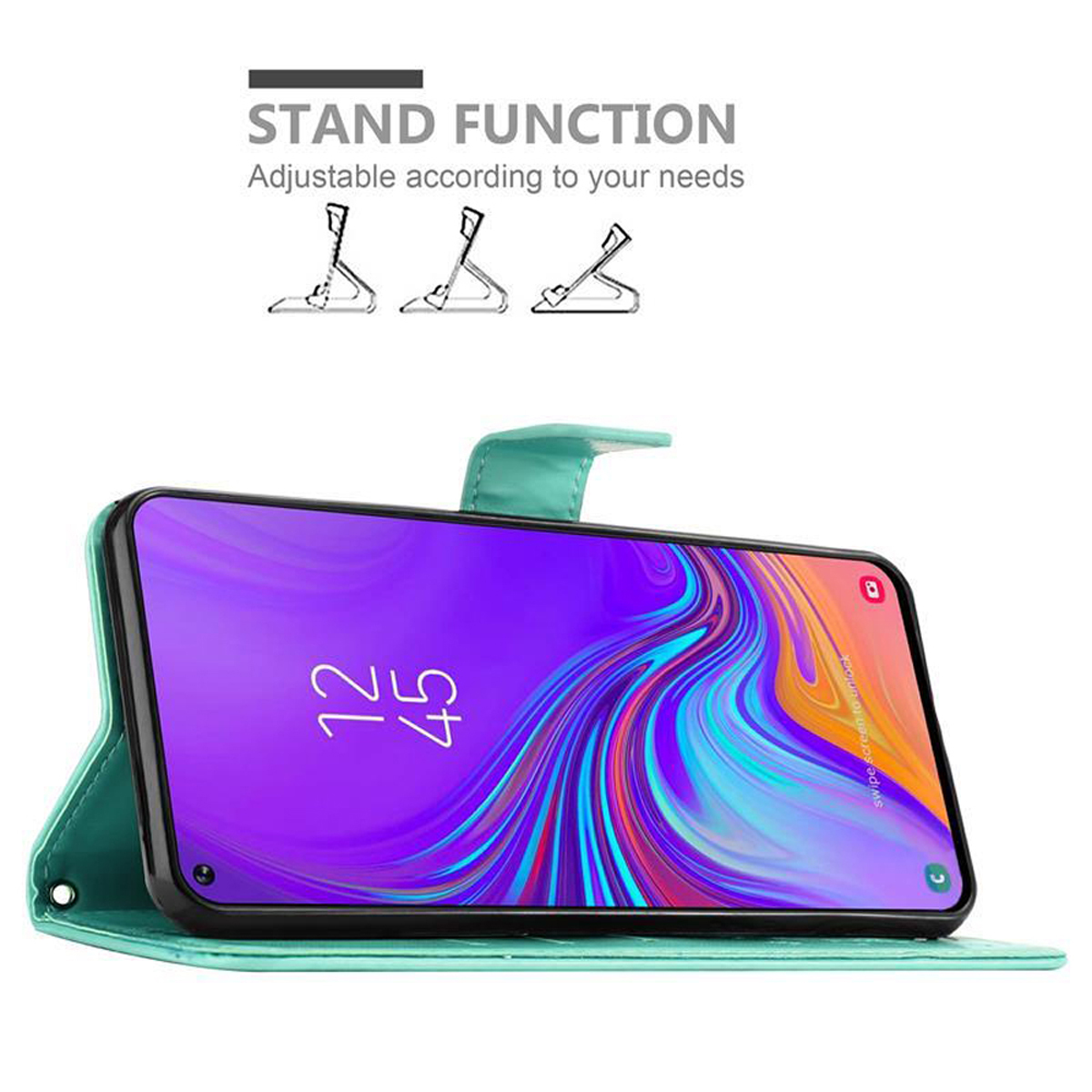 Custodia per telefono verde acqua con un telefono all'interno. La custodia è aperta e lo schermo è acceso.