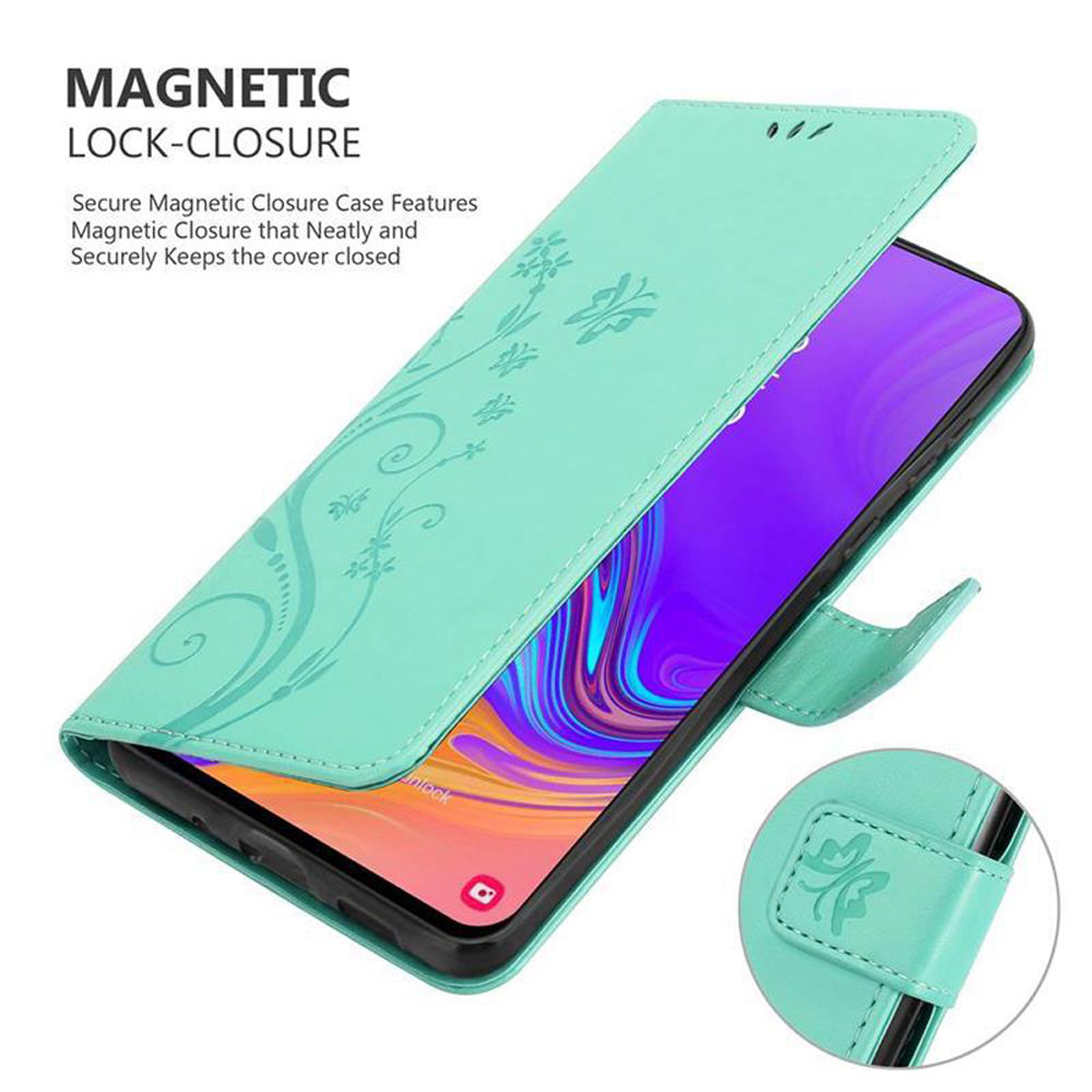 Custodia per telefono verde menta aperta con un telefono all'interno. La custodia ha disegni floreali e una chiusura magnetica.