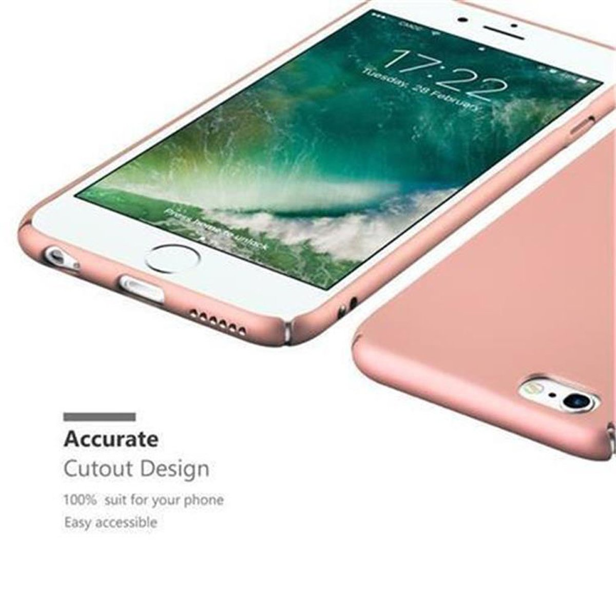 Custodia per telefono rosa. Telefono nella custodia. Design a ritaglio preciso. Lo schermo mostra l'ora.