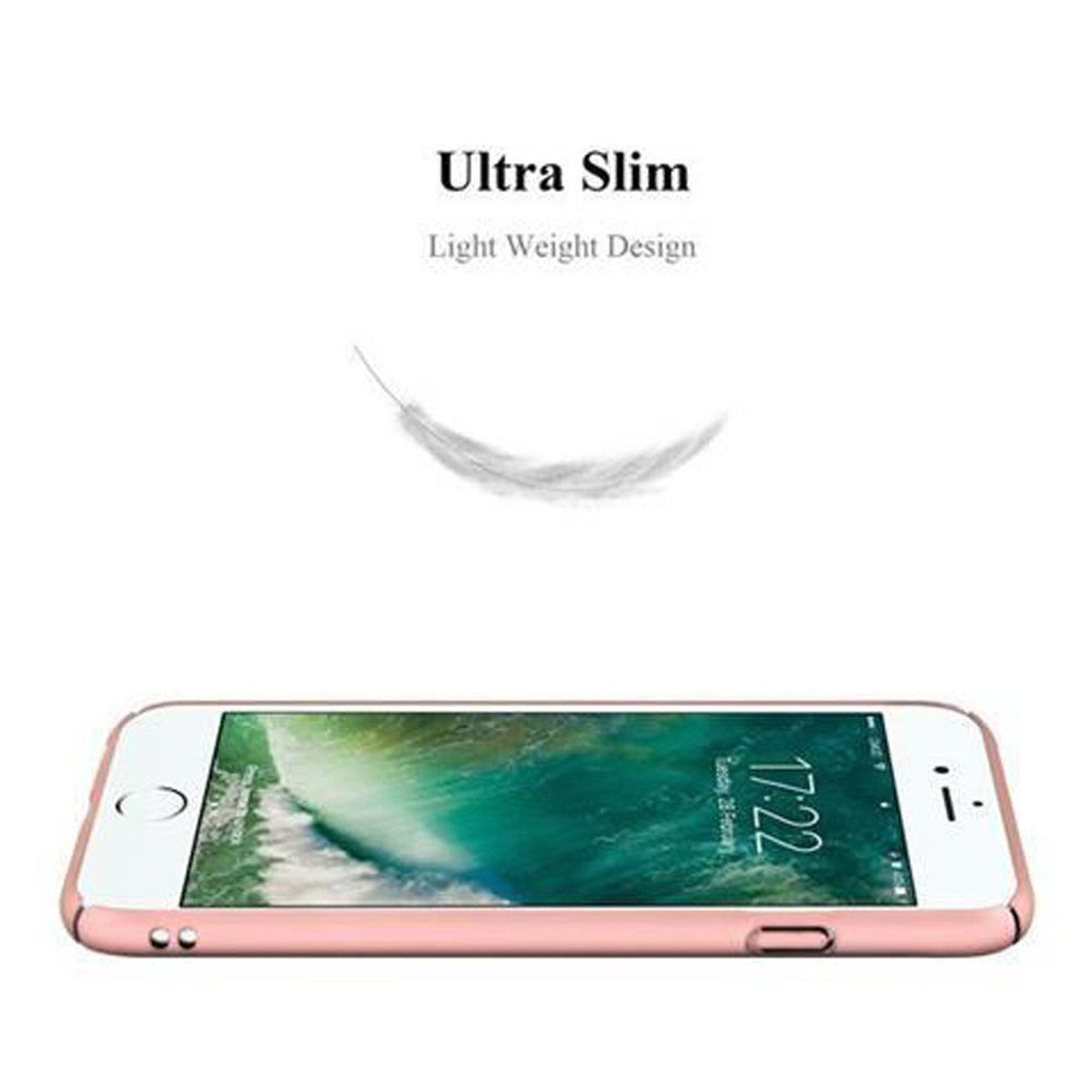 Custodia rosa con telefono bianco. Testo: Ultra Slim, Design Leggero.