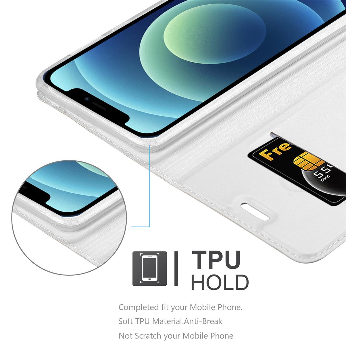 Custodia bianca per telefono, aperta, con telefono dentro e carta visibile. Testo: TPU HOLD.