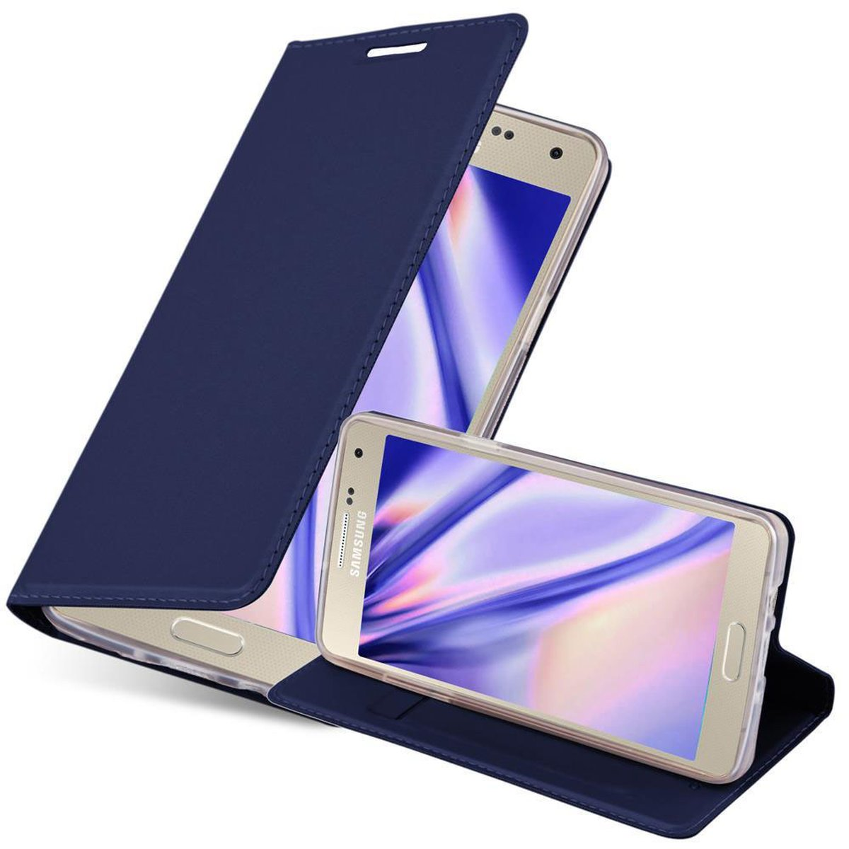 Custodia blu per telefono aperta, che mostra lo schermo. Un'altra custodia davanti. Sfondo bianco.