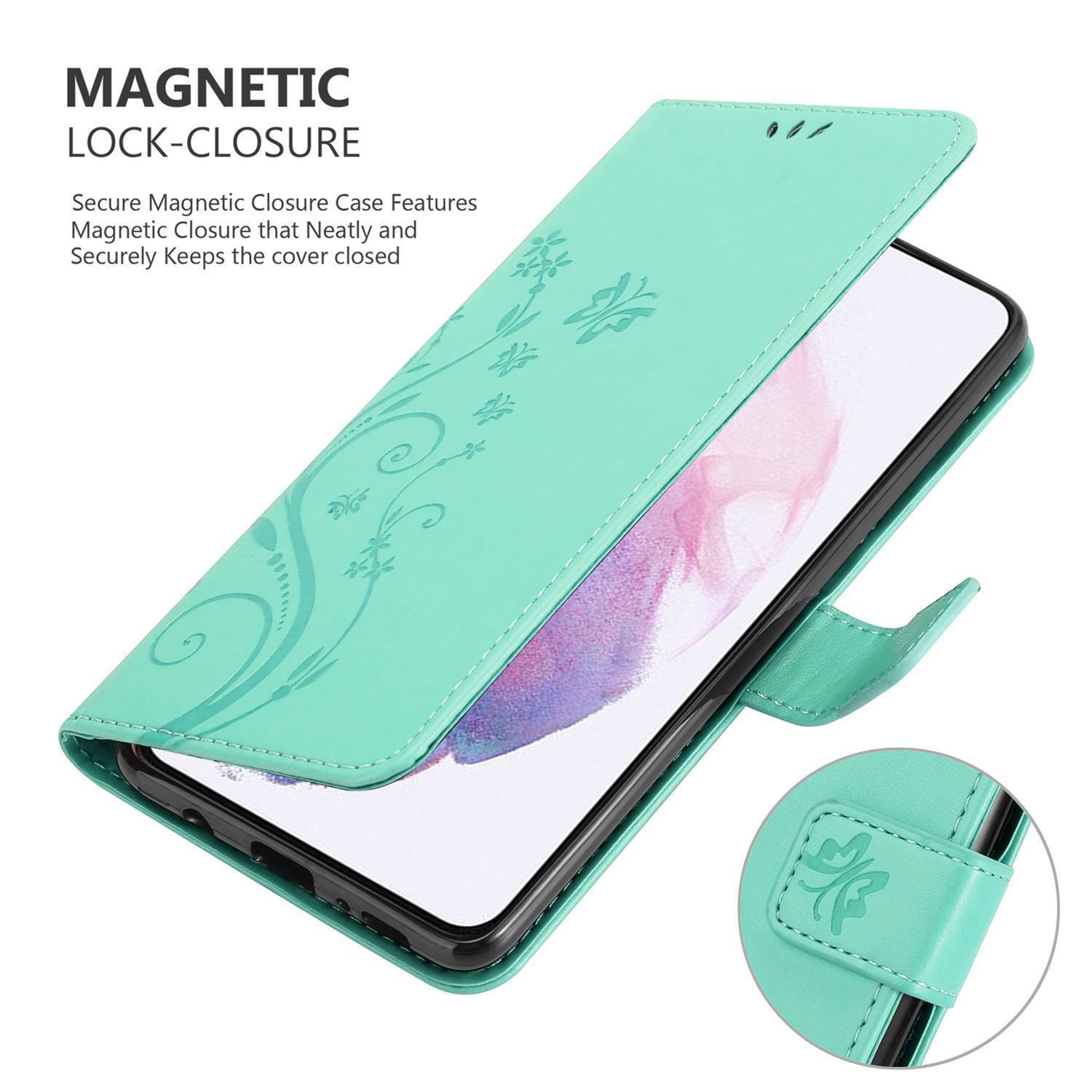 Custodia teal per telefono, aperta, con telefono dentro. Testo: Chiusura magnetica.