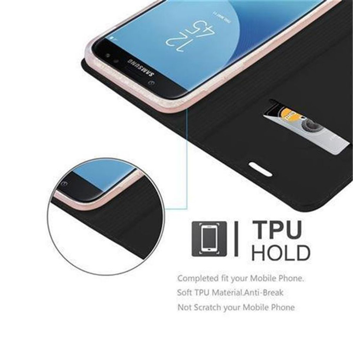 Custodia nera con telefono all'interno. La custodia ha uno slot per una carta. La custodia è realizzata in materiale TPU.