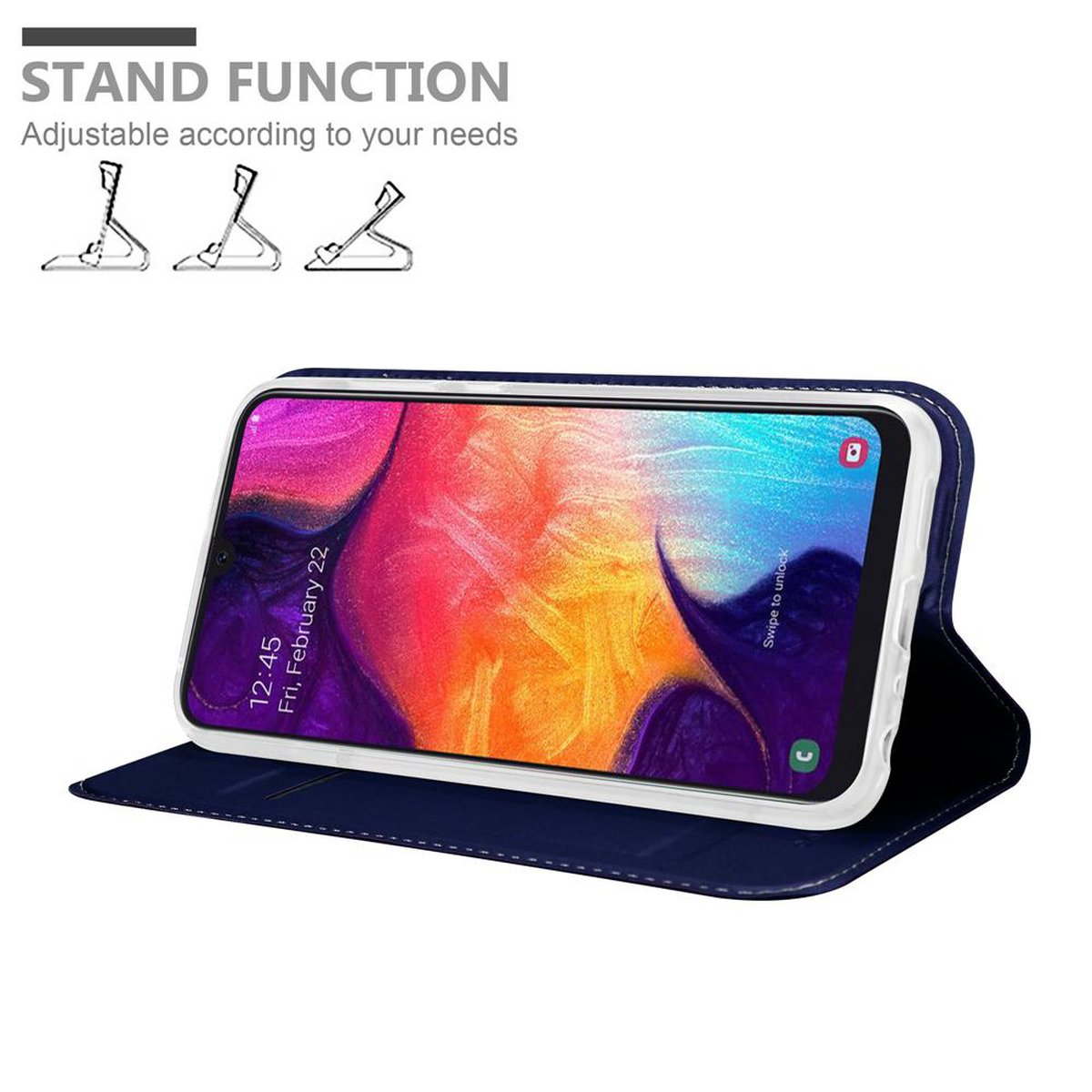 Custodia blu aperta, telefono dentro. Supporto per funzione stand, con icone.