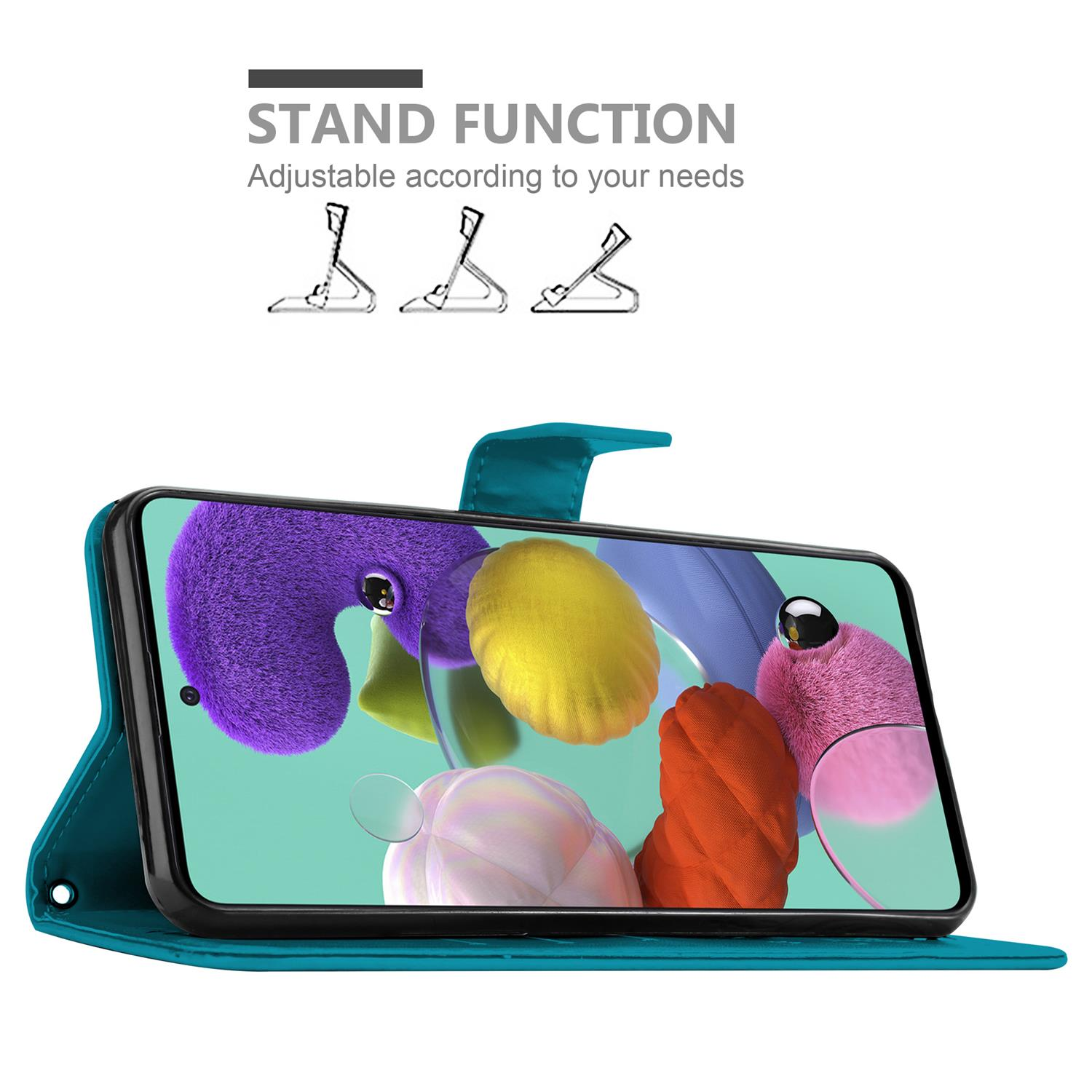 Una custodia per telefono verde acqua è aperta, mostrando un telefono con uno schermo con oggetti colorati. La custodia ha la funzione stand.
