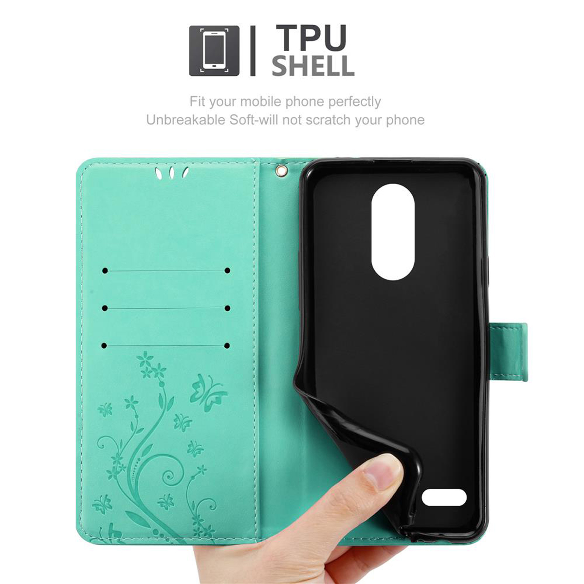Custodia verde acqua con telefono all'interno. Una mano tiene aperta la custodia.