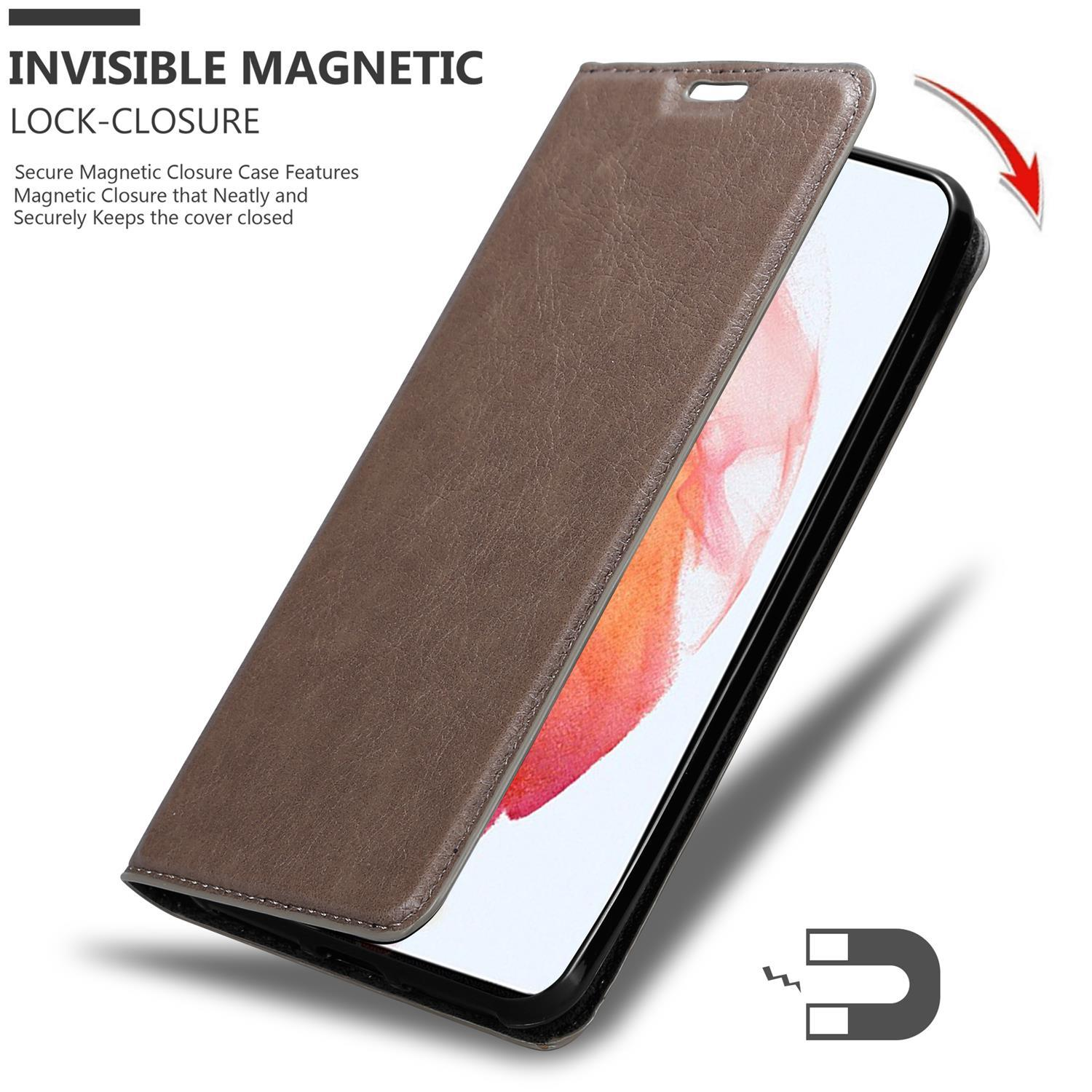 Étui de téléphone marron ouvert avec téléphone à l'intérieur. Fermeture magnétique mise en évidence. Texte: Fermeture magnétique invisible.