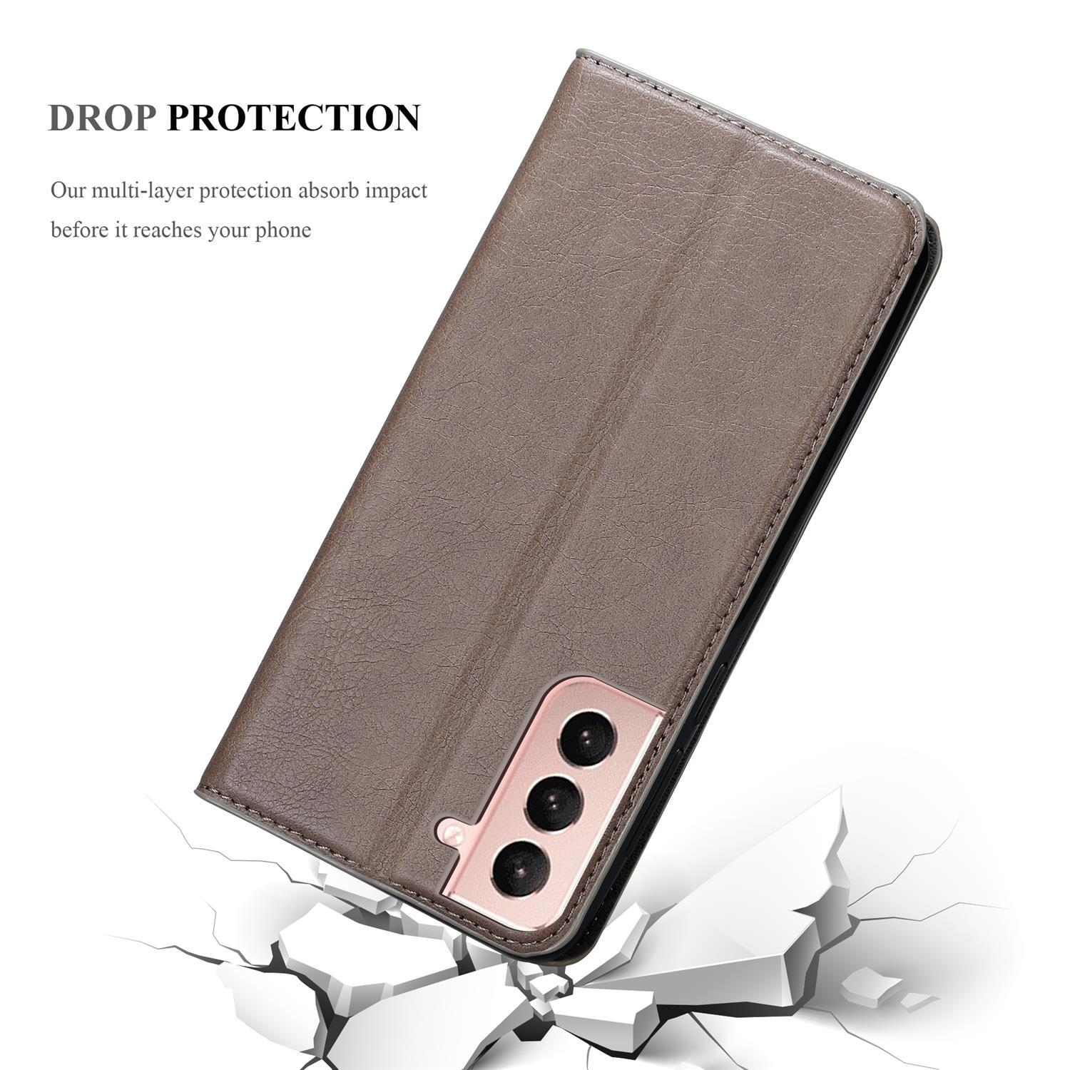 Un étui de téléphone marron avec un téléphone à l'intérieur. Une fissure de surface est visible, ainsi qu'un texte de protection contre les chutes.