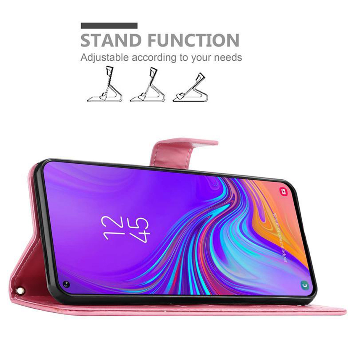 Custodia per telefono rosa aperta, telefono in modalità stand. L'ora è 12:45. Icone della funzione stand sopra.