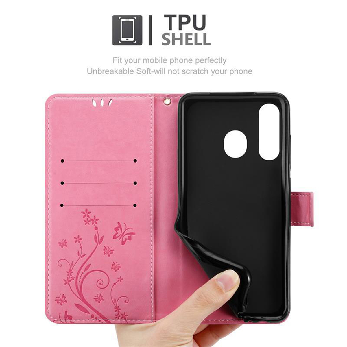Custodia a portafoglio rosa con telefono all'interno e design floreale. Una mano tiene aperta la custodia.