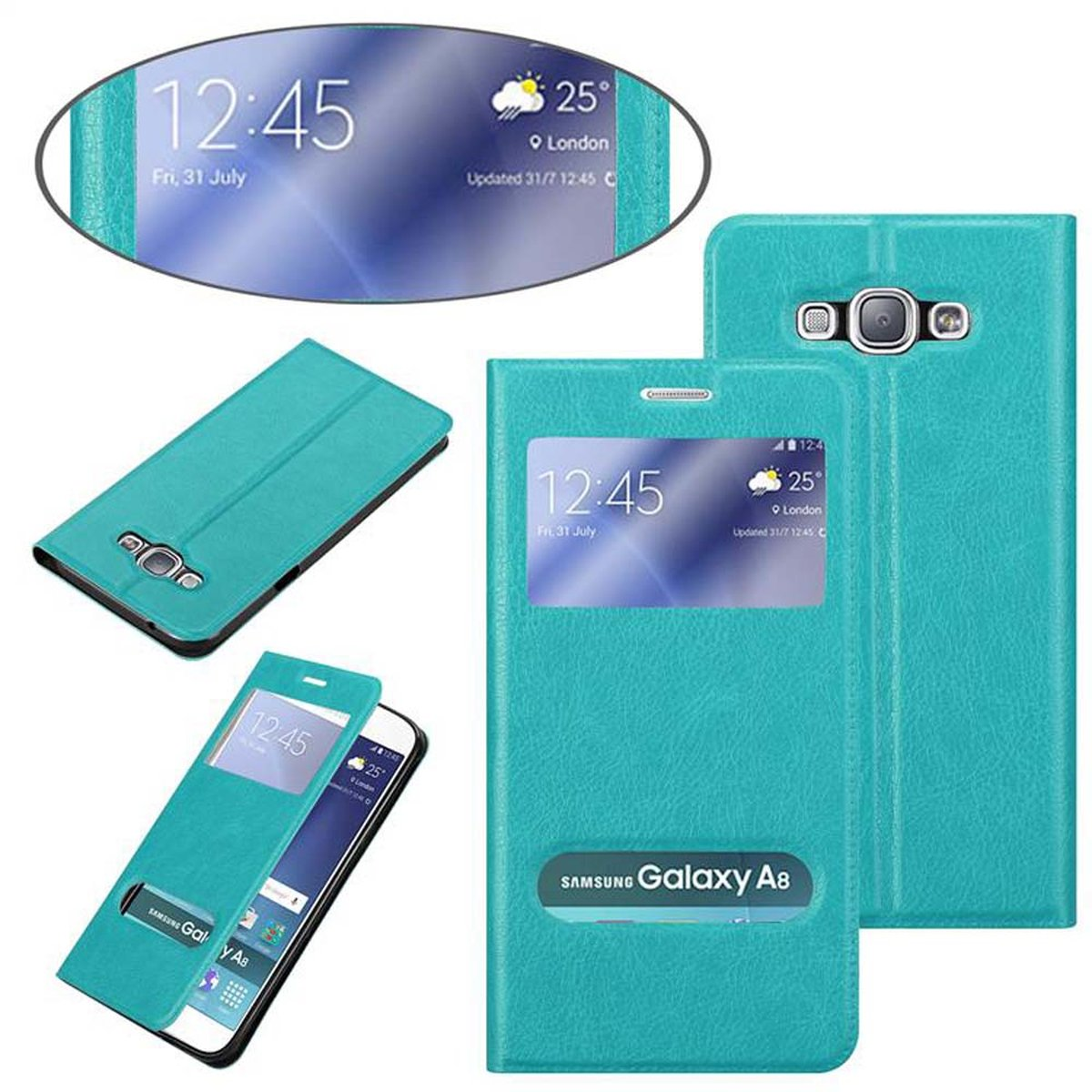 CADORABO Book View Doppelfenster TÜRKIS A8 Samsung, MINT Hülle, Galaxy Bookcover, 2015