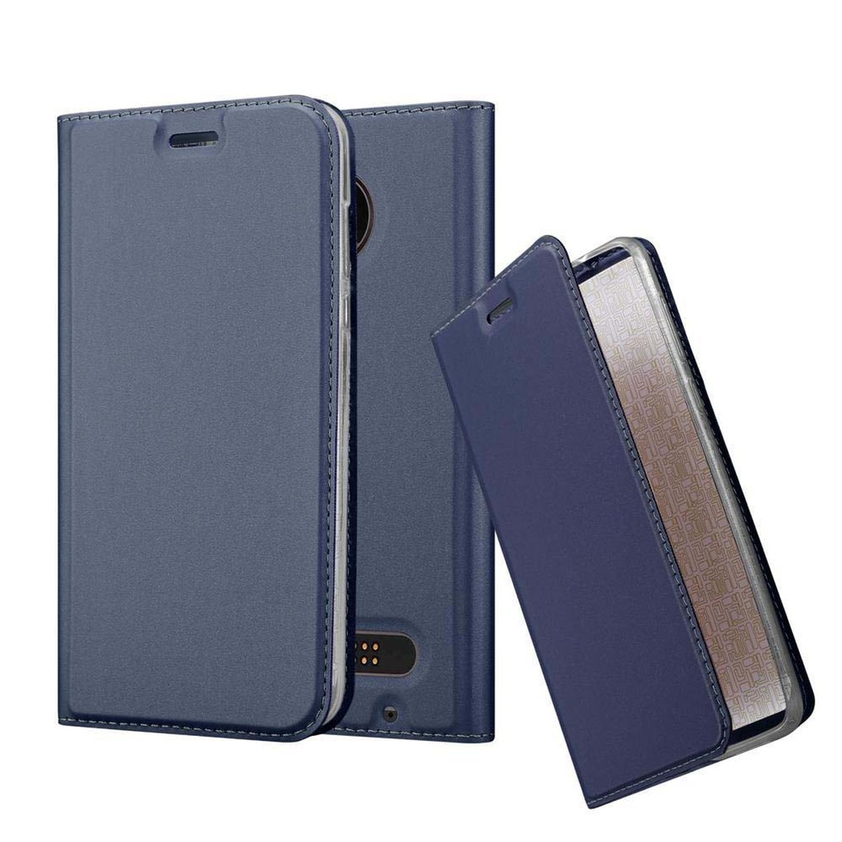 Funda azul marino con teléfono dentro y diseño de tres piezas.