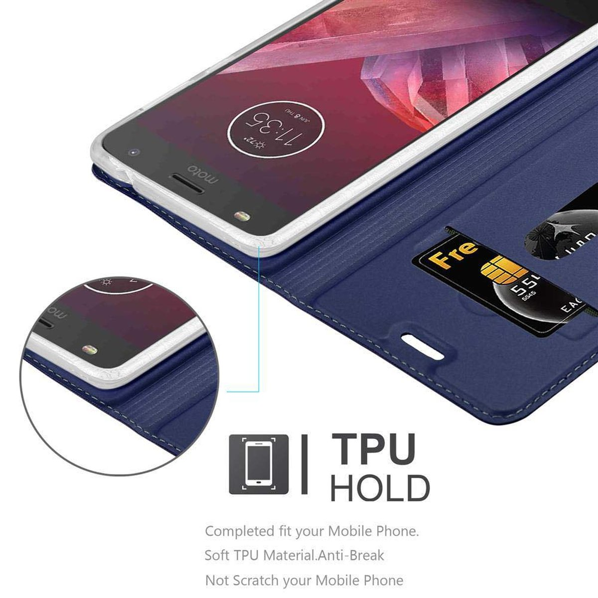 Teléfono en una funda azul. El teléfono está dentro de la funda. La funda muestra el texto TPU HOLD y una tarjeta SIM.