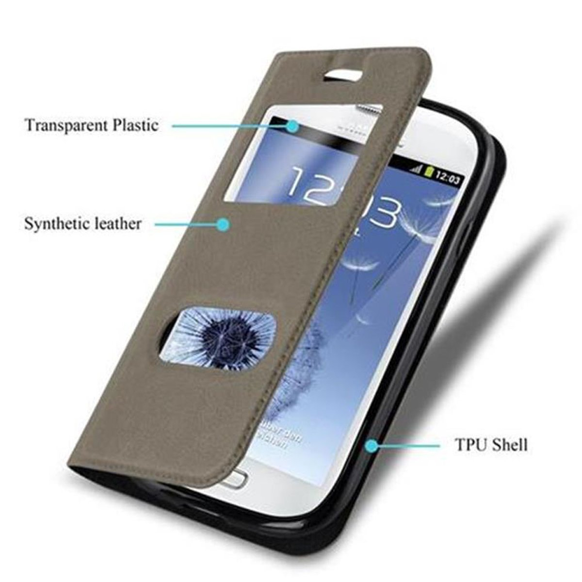 Telefono in custodia marrone con finestra trasparente. Custodia con 'Pelle sintetica' e 'TPU Shell'.