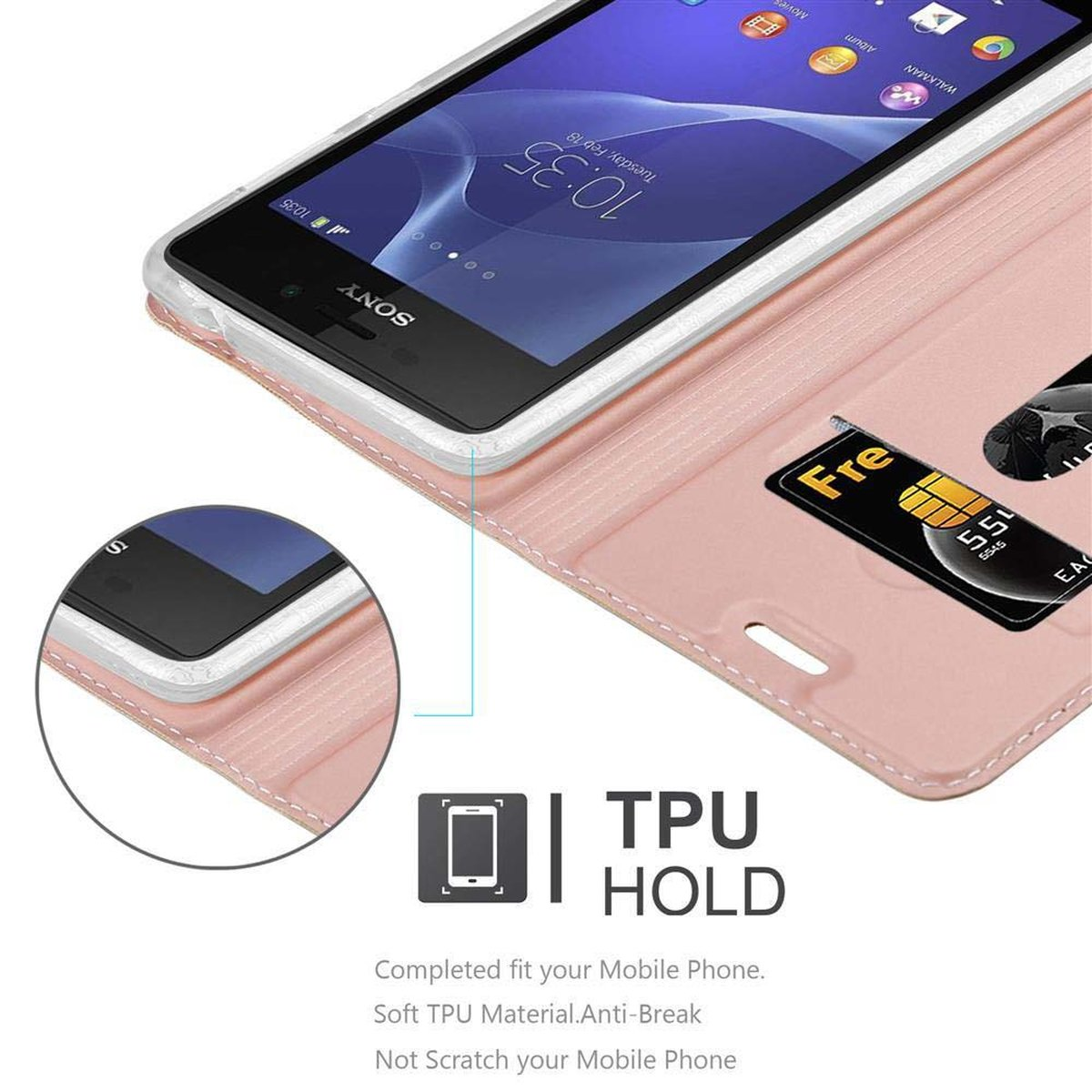 Telefon in hellrosa Hülle. Ein Kreis zeigt eine Nahaufnahme des Telefons mit TPU-Hold-Design.