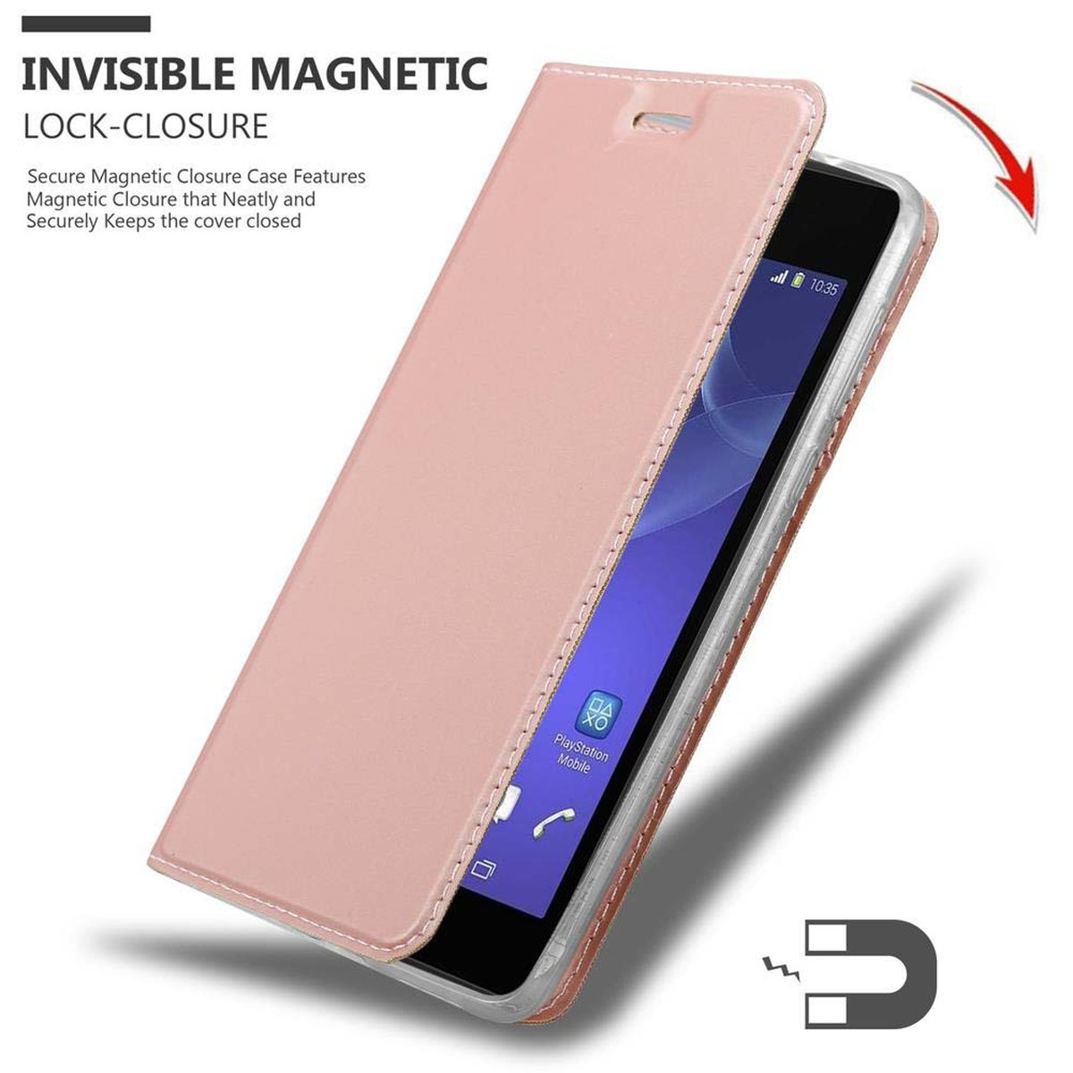 Rosafarbene Handyhülle teilweise geöffnet, mit Telefon und Magnet-Symbol.