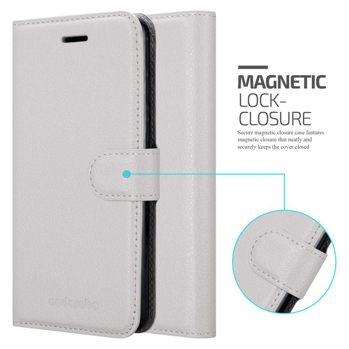 Custodia bianca per telefono con chiusura magnetica. Primo piano.