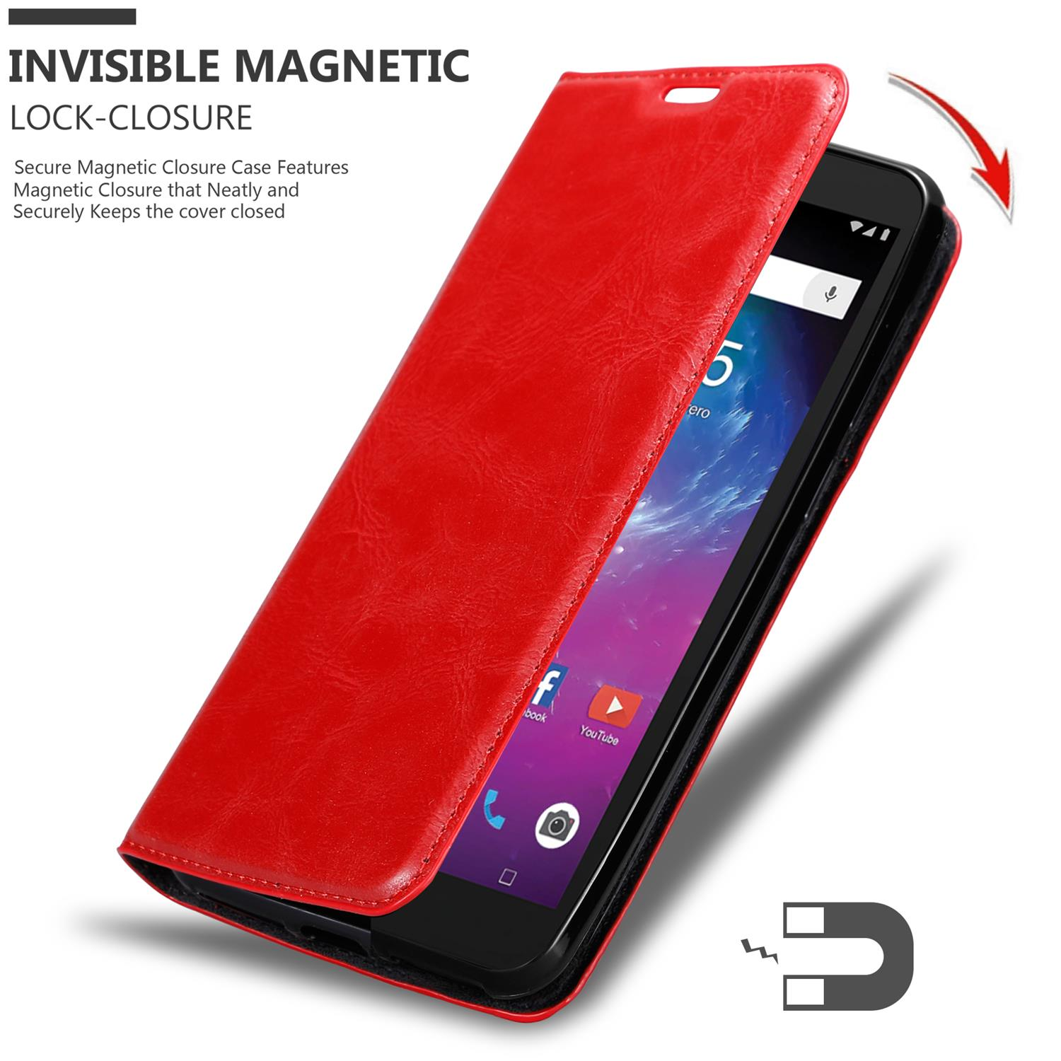 Custodia rossa per telefono, aperta, con telefono che mostra UI e chiusura magnetica.