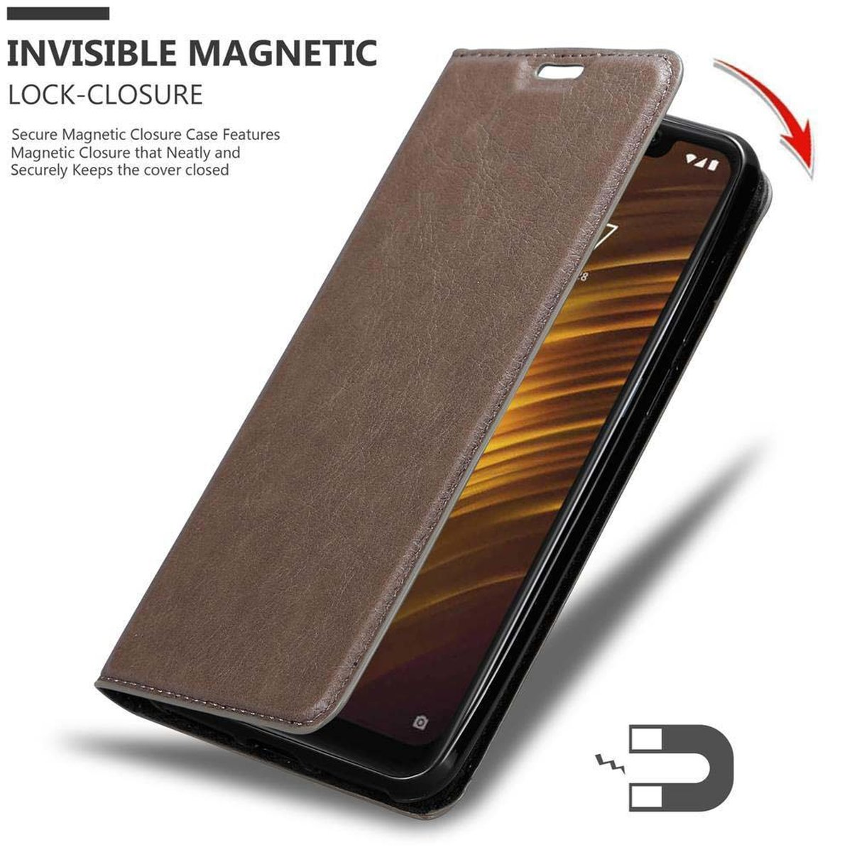 Custodia marrone del telefono aperta, che mostra il telefono all'interno. Una freccia indica la copertura.
