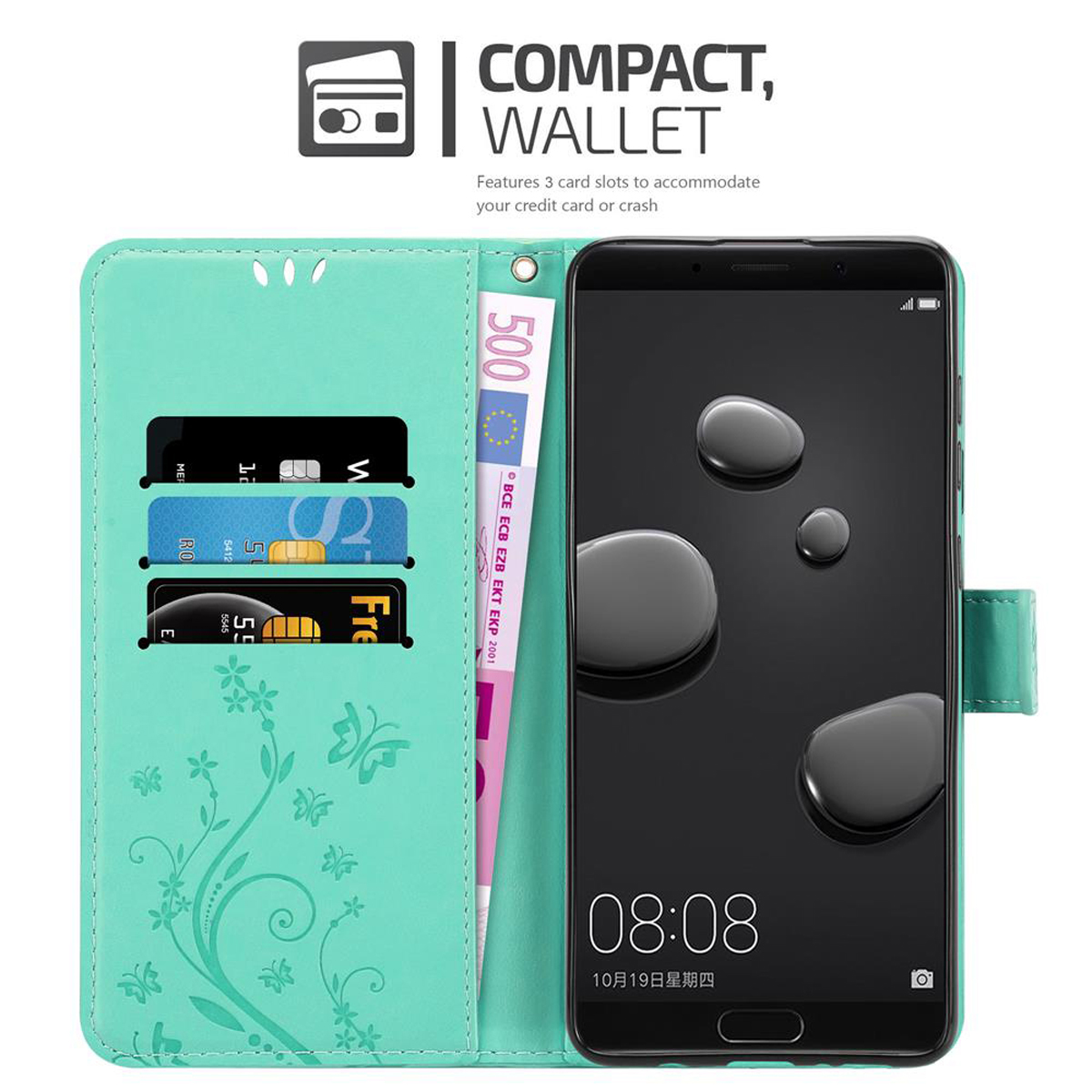 Custodia verde acqua con slot per carte e banconota. Telefono con design mimetico blu a destra.