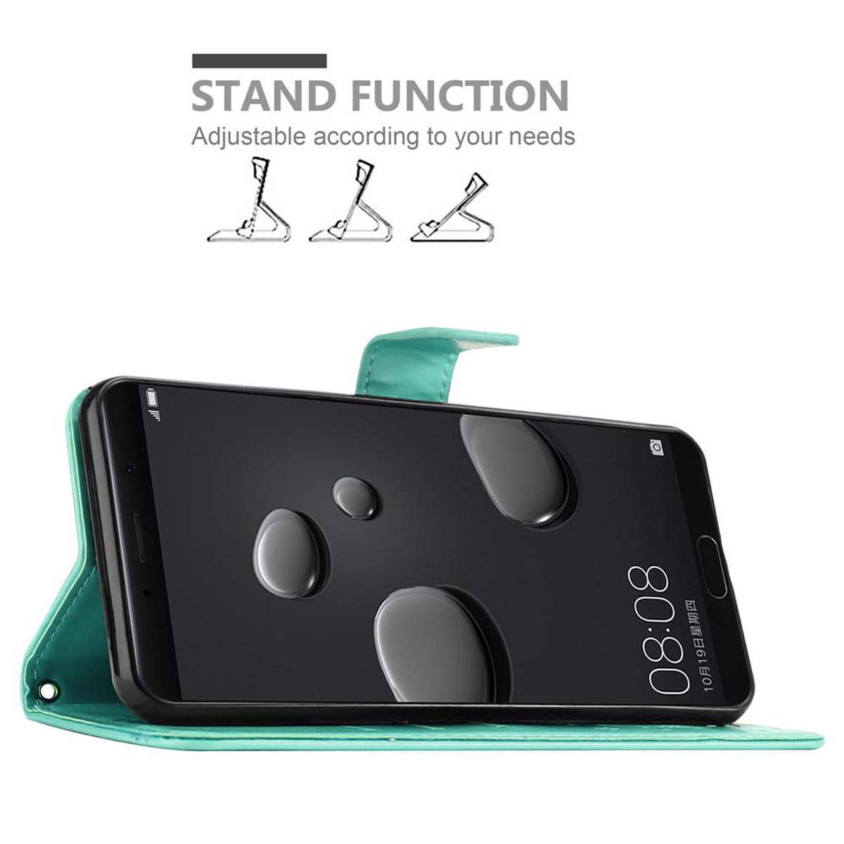 Custodia per telefono con telefono all'interno. È in posizione verticale. Una custodia verde acqua.