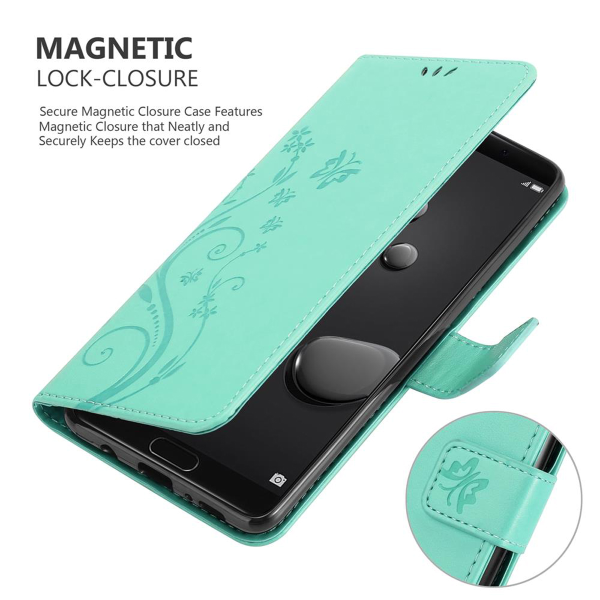 Custodia per telefono verde menta aperta, con design floreale e chiusura magnetica.