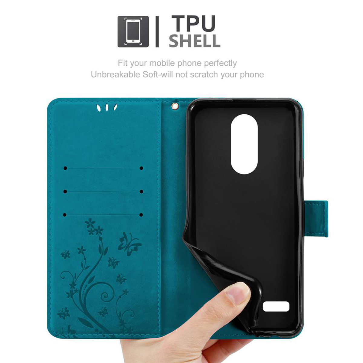 Custodia turchese aperta con telefono dentro. Una mano tiene la custodia.