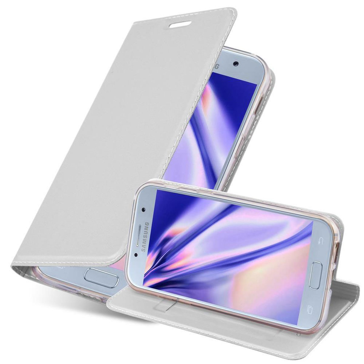Funda de teléfono blanca con teléfono abierto, y un teléfono blanco dentro. Muestra una interfaz.