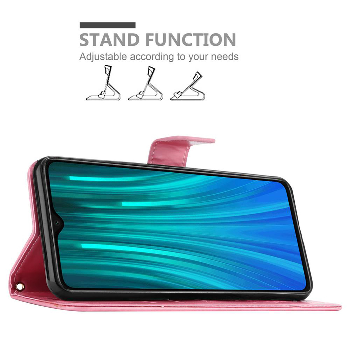 Eine rosa Handyhülle mit einem Telefon darin, geöffnet und zeigt ein blaues und grünes abstraktes Bild.