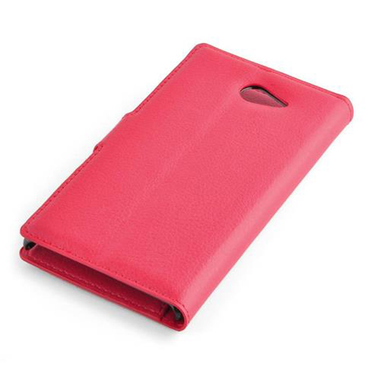 Una custodia rossa per telefono, chiusa. La custodia ha un foro per la fotocamera.