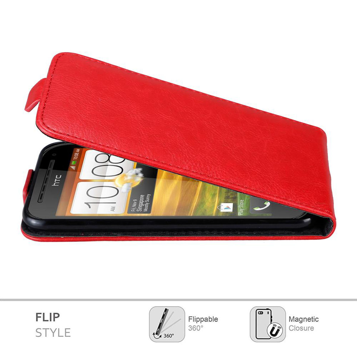 Rote Handyhülle mit Telefon, die Hülle ist geöffnet.