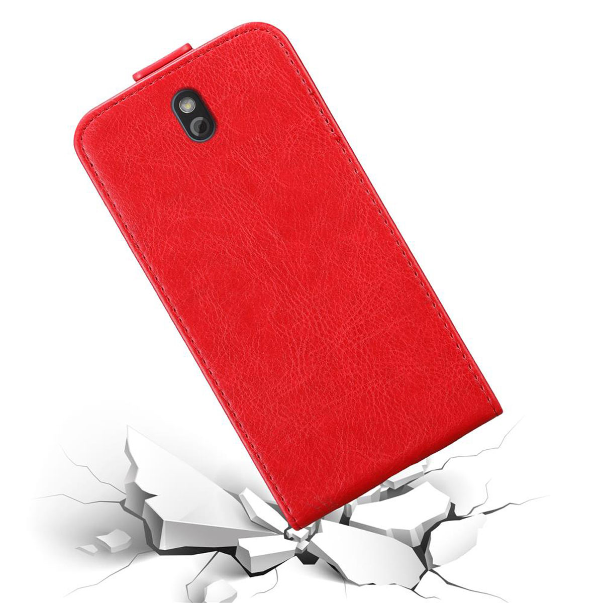 Rote Leder-Handyhülle mit Kameraausschnitt, schräg auf weißer Oberfläche mit Rissen.