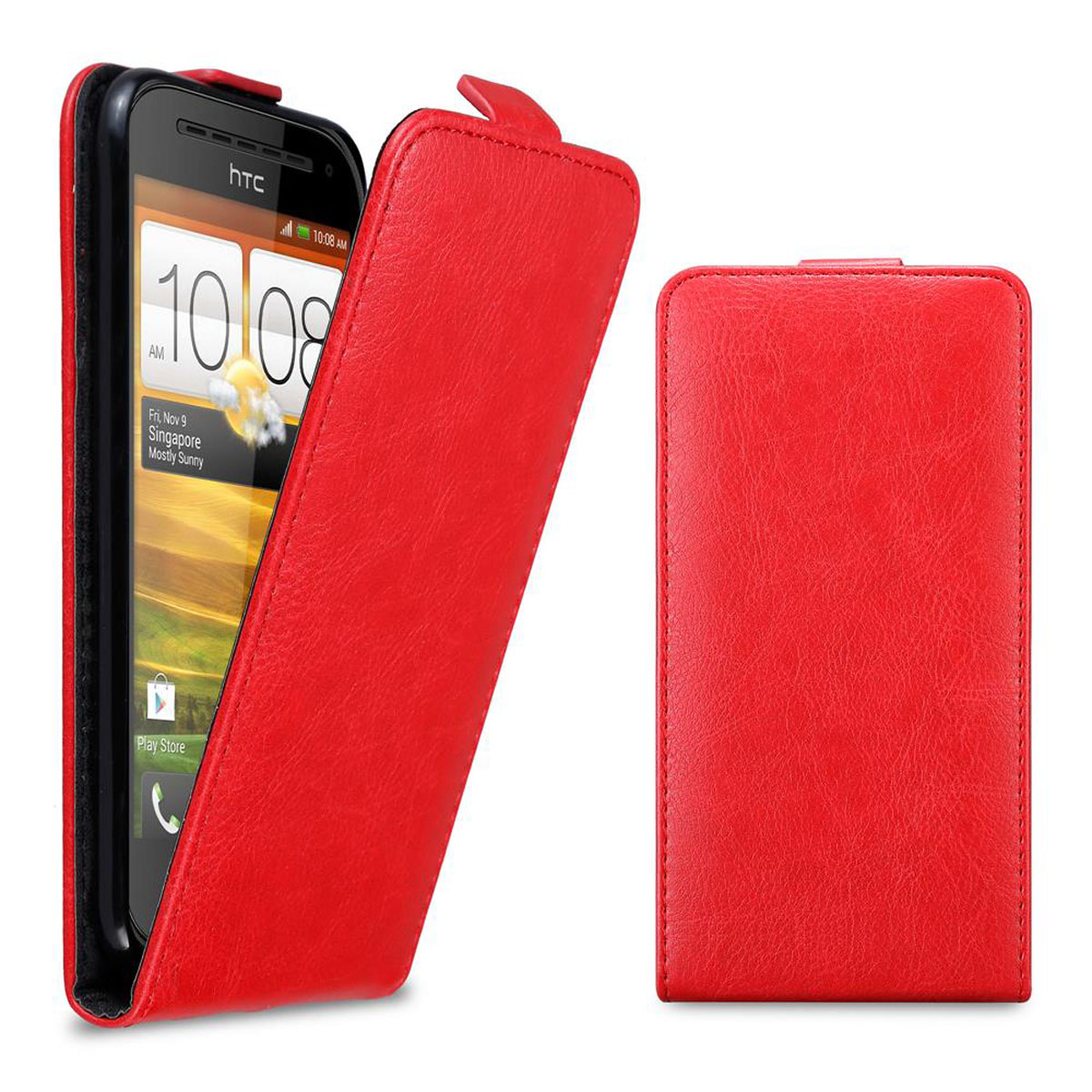 Rote Handyhülle, offen, mit Telefon. Das Telefon ist rot.