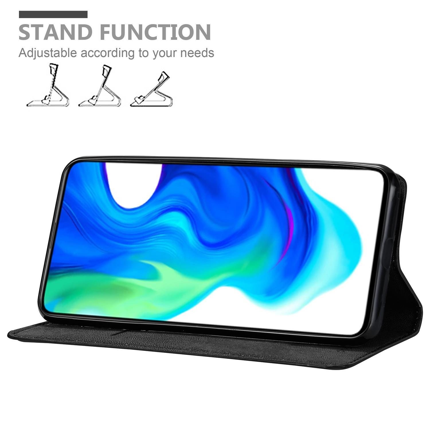 Telefono in una custodia nera, sollevato per la visualizzazione. Sono mostrati testo e diagrammi della funzione di supporto.