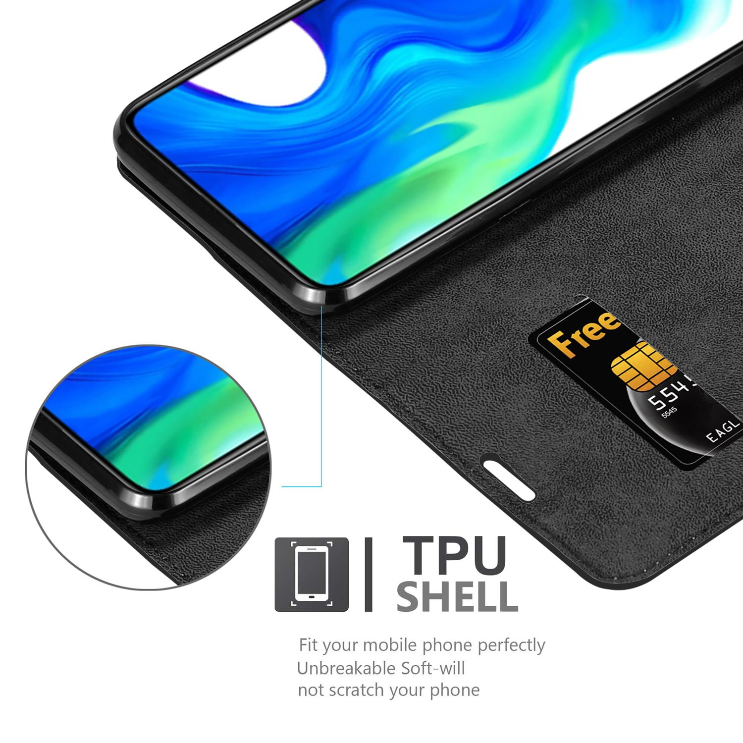Un telefono nero all'interno di una custodia nera, con slot per SIM, su sfondo bianco, con testo guscio TPU.