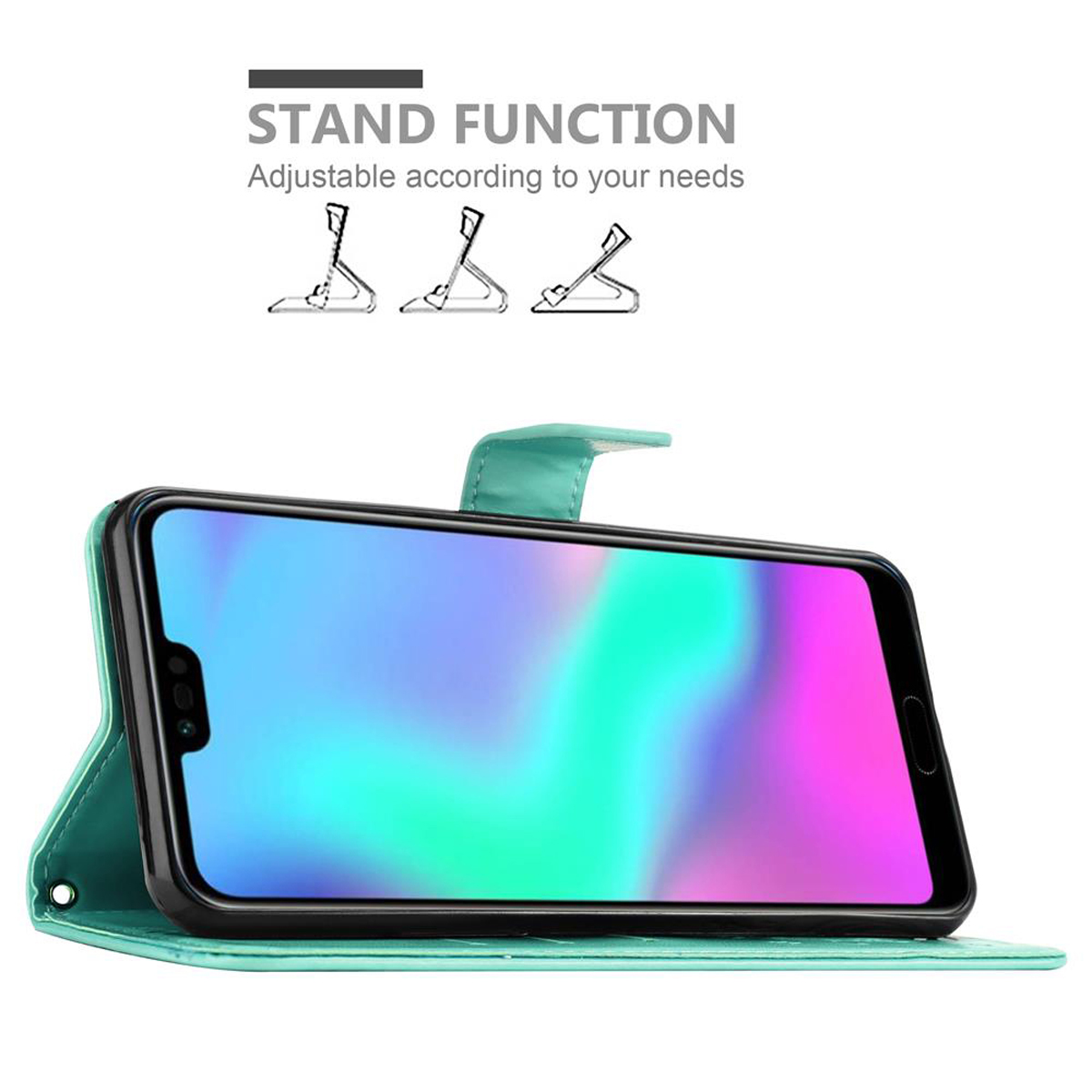 Ein Telefon in einem türkisfarbenen Etui, geöffnet, um den Bildschirm anzuzeigen. Standfunktion-Symbole sind oben.