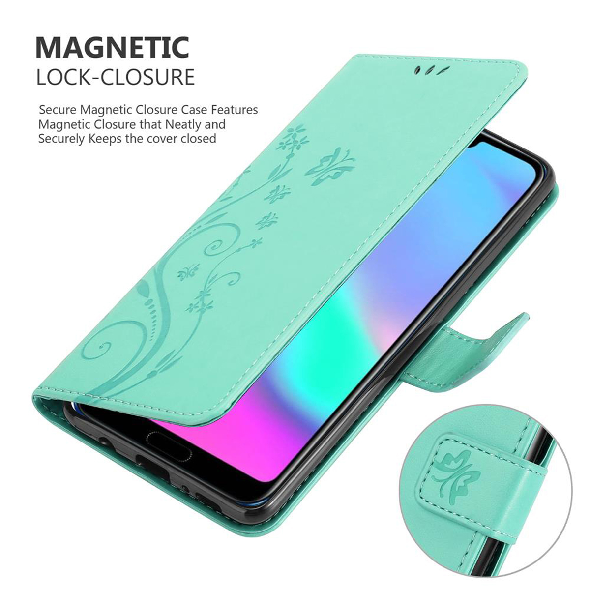 Geöffnete türkis Handyhülle mit Telefon darin und kleinem Blumendesign.