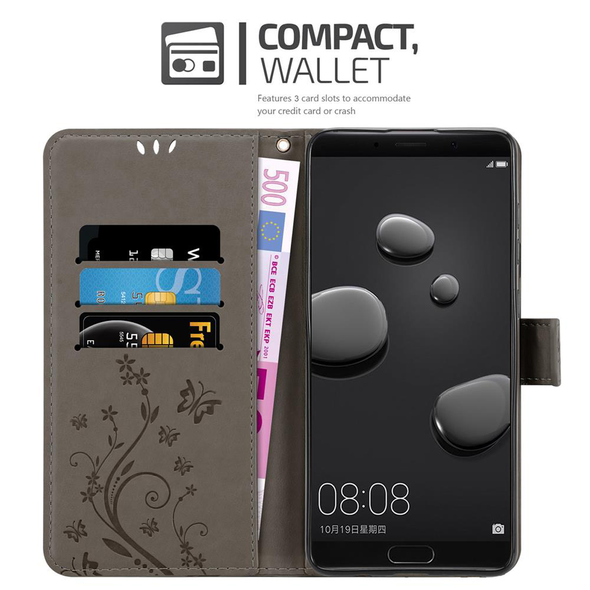 Custodia per telefono aperta, con carte e denaro. Design floreale, custodia marrone.