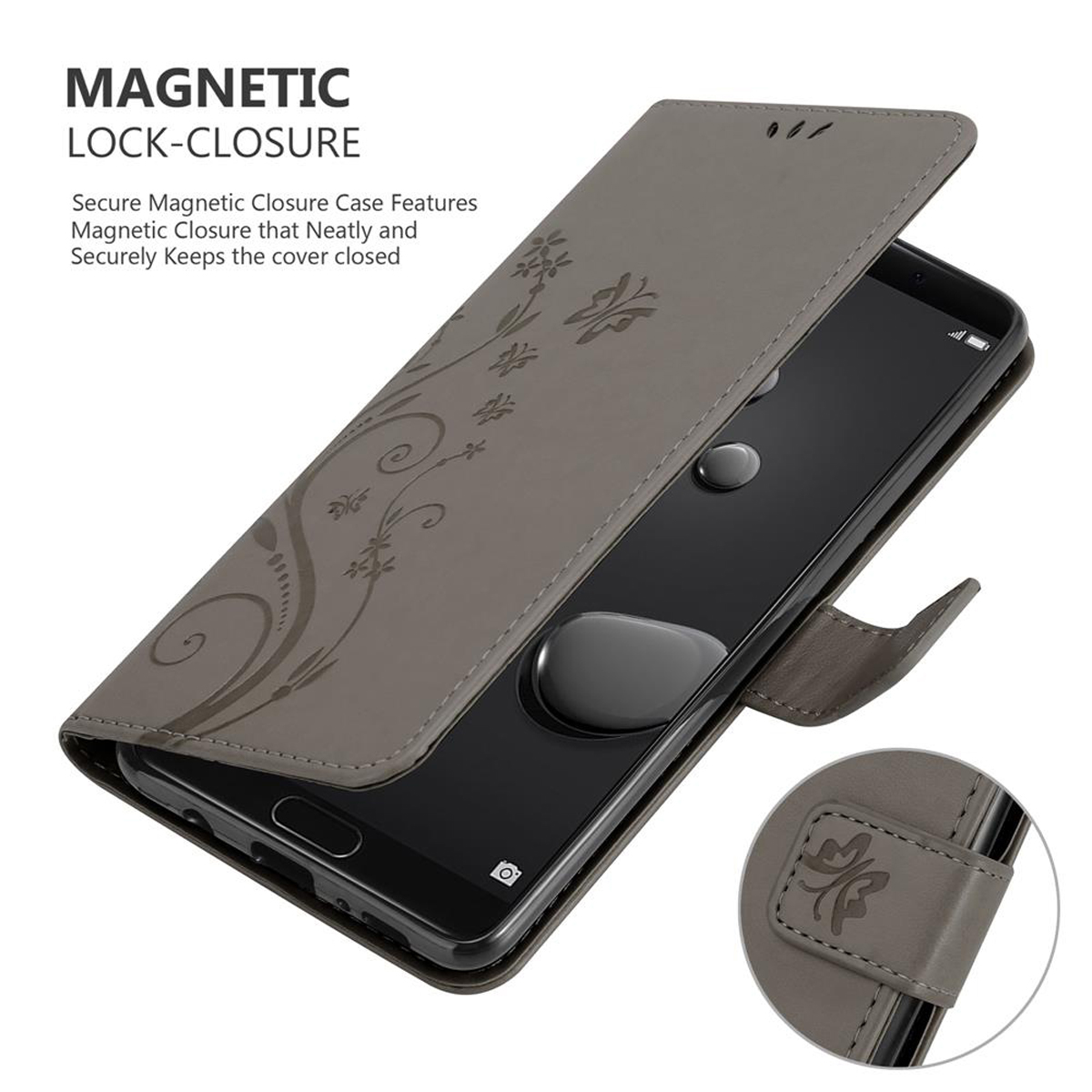 Custodia grigia per telefono, aperta per mostrare un telefono all'interno. La custodia ha un design floreale.