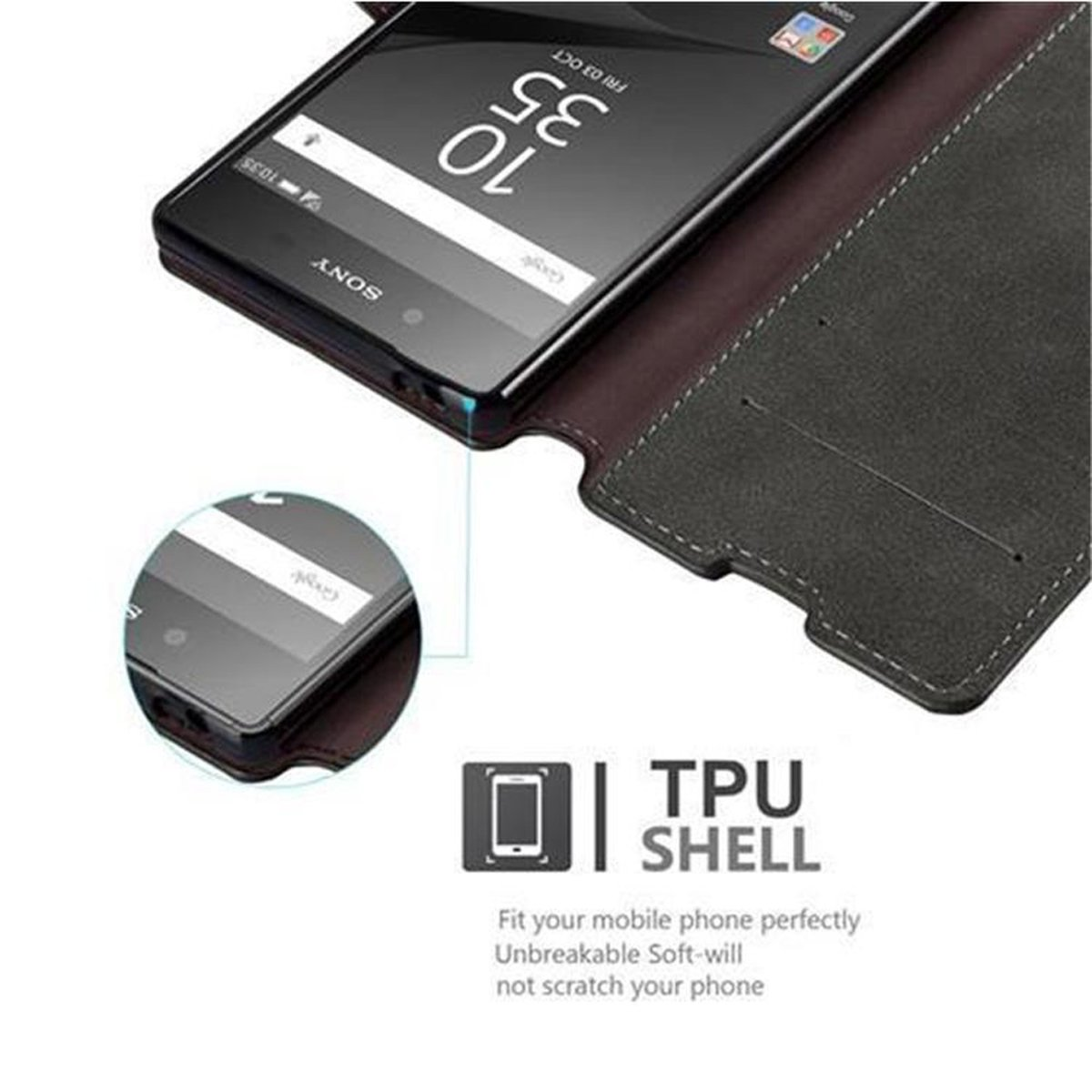 Telefono in una custodia in pelle, leggermente aperta. Il testo dice 'TPU Shell'.
